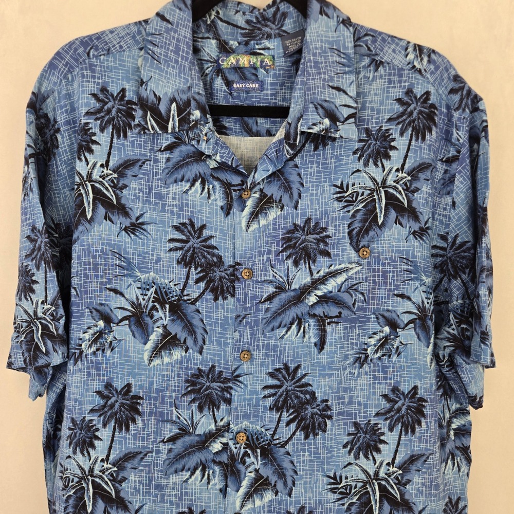 Campia Mens XL Blue Tropical Palm Tree Rayon Button Up Hawaiian Shirt Easy Care